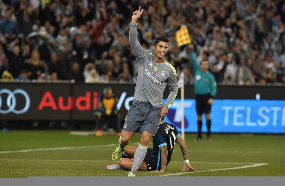 L&#39;esultanza di Cristiano Ronaldo dopo aver realizzato il secondo gol per il Real Madrid (Afp)